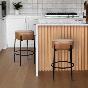 Paola Modern Minimalist Round Backless Metal/Vegan Leather Cushioned Bar Stool - JONATHAN Y